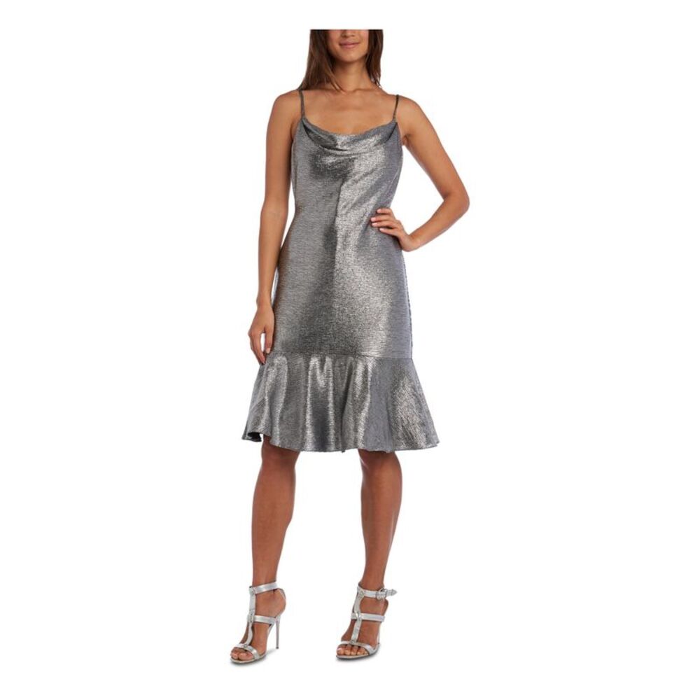 NIGHTWAY Womens Silver Spaghetti Strap Knee Length Party Shift Dress Petites 10P